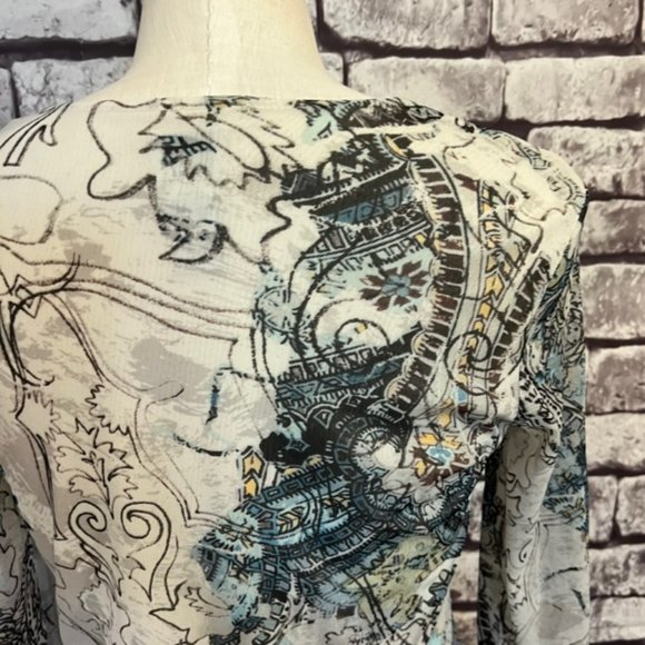 Chico's Ivory, Black & Blue V-Neck 3/4 Sleeve Blouse Size Medium - Picture 6 of 8